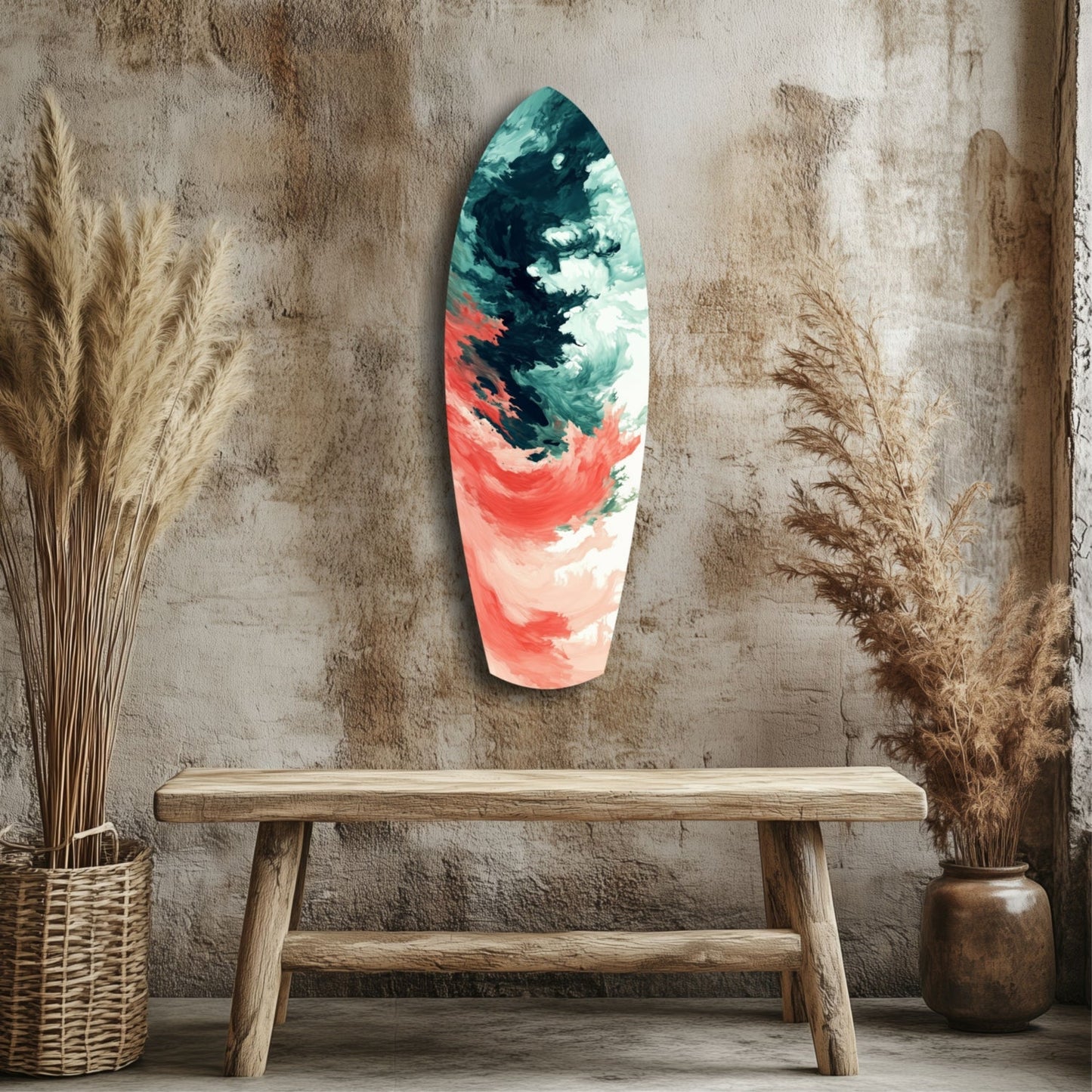 Relentless Waves Glass Wall Art displayed on weathered wall above wooden bench, featuring teal, white, and coral abstract swirls.
