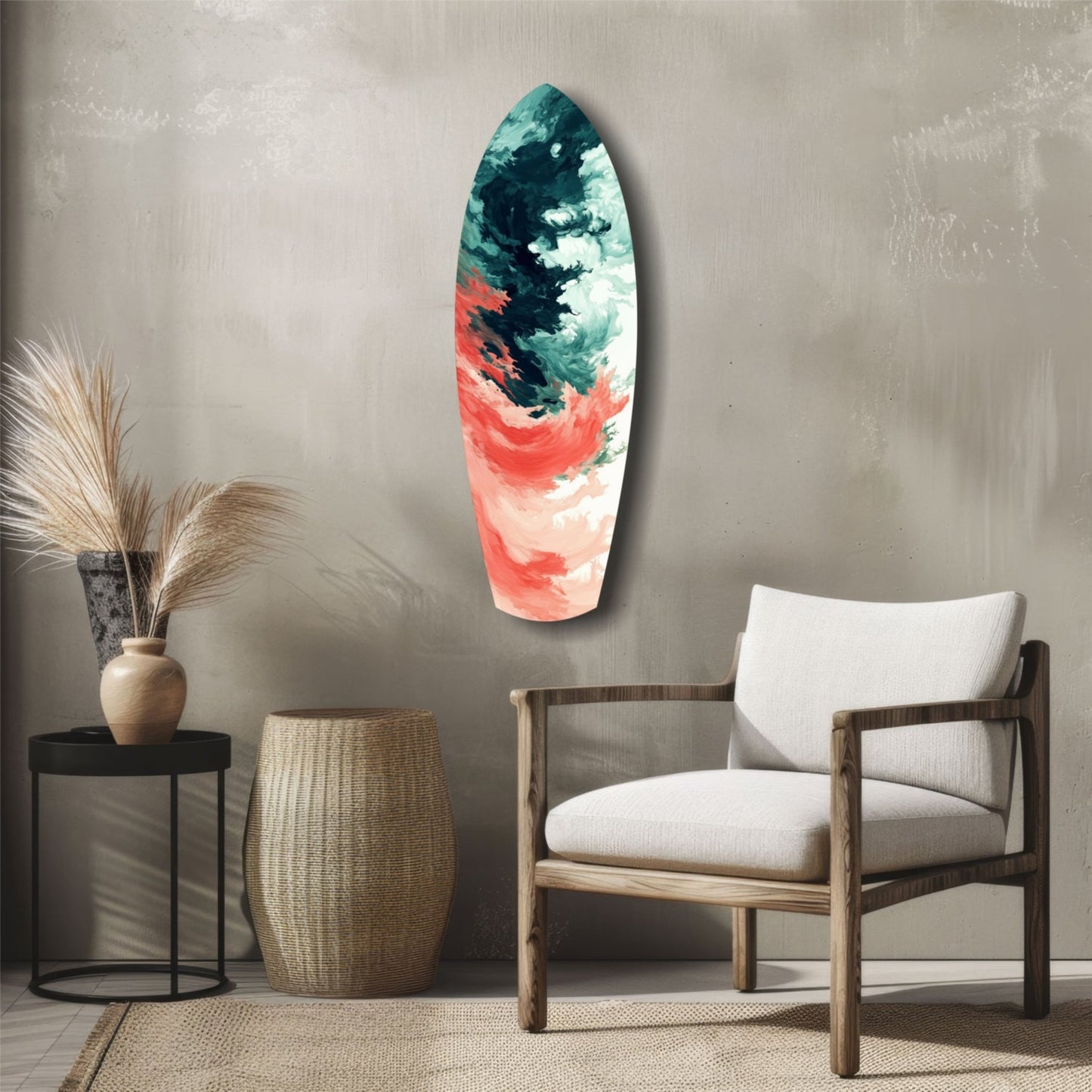 Modern interior setting showing teal and coral abstract glass wall art mounted above wooden chair and decorative accessories.
