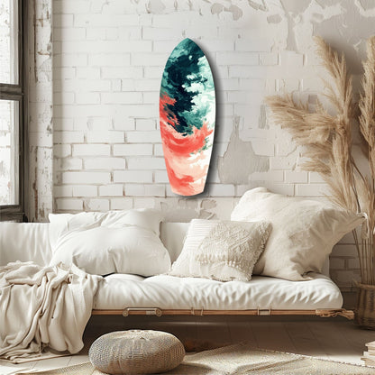 Oval glass wall art with teal and coral abstract swirled pattern displayed above cream bedding in minimalist bedroom setting.