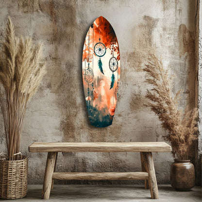 Orange Teal Dreamcatcher Surfboard Glass Wall Art