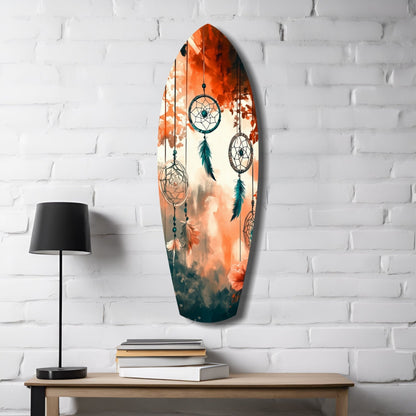 Orange Teal Dreamcatcher Surfboard Glass Wall Art
