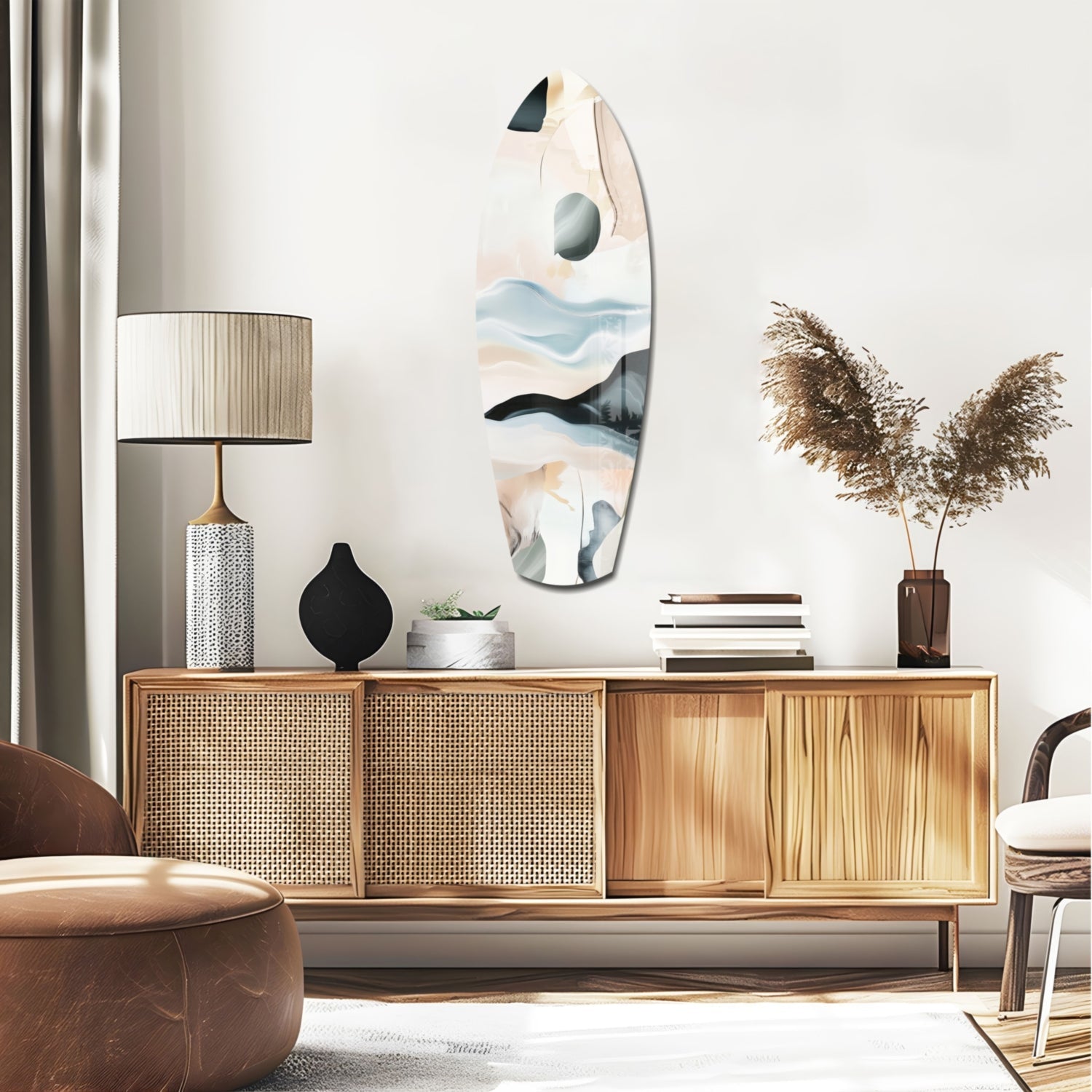 Abstract sailing glass wall art with cream, blue, black, and gray tones displayed above wooden credenza in modern living room setting.