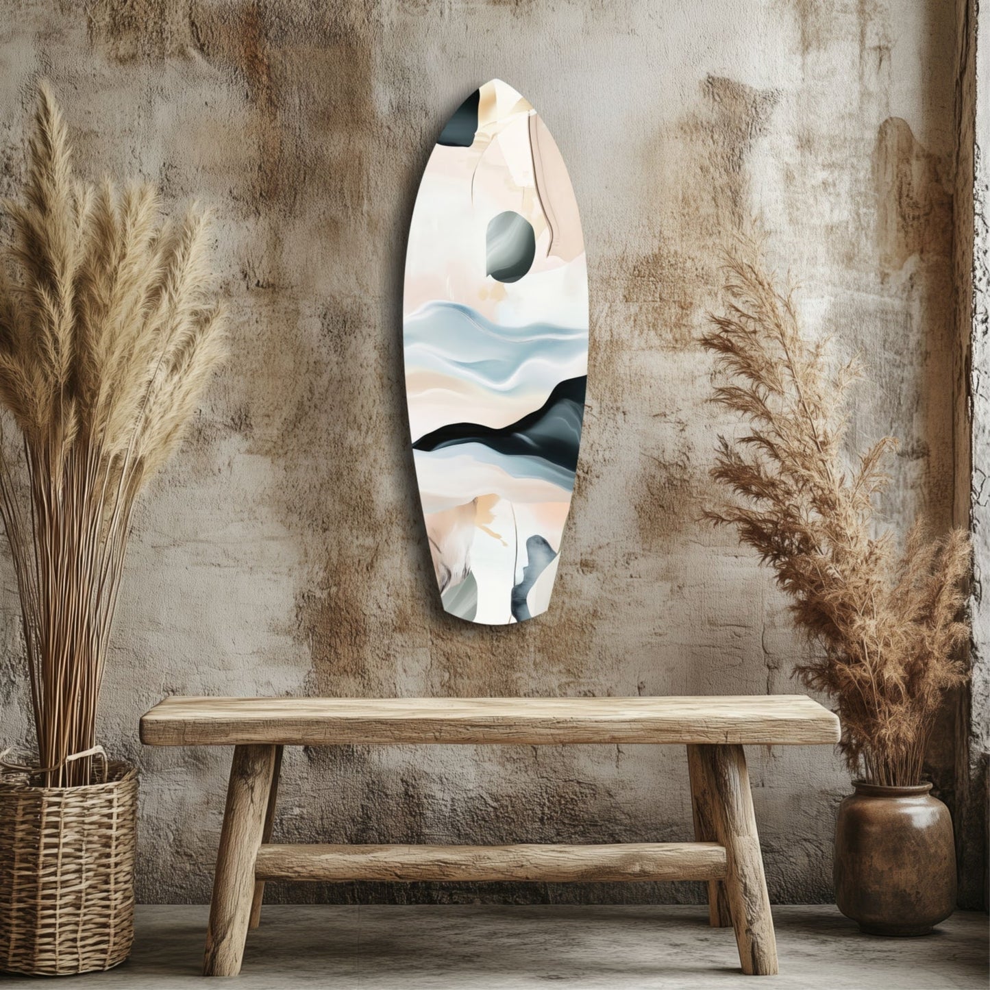 Abstract sailing glass wall art with blue and black wavy landscape design displayed above wooden bench in minimalist interior setting.