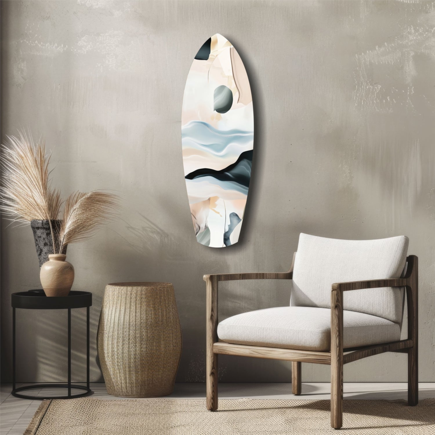 Abstract sailing glass wall art in elongated oval shape with blue, beige, and black brushstrokes mounted above wooden chair in minimalist room setting.
