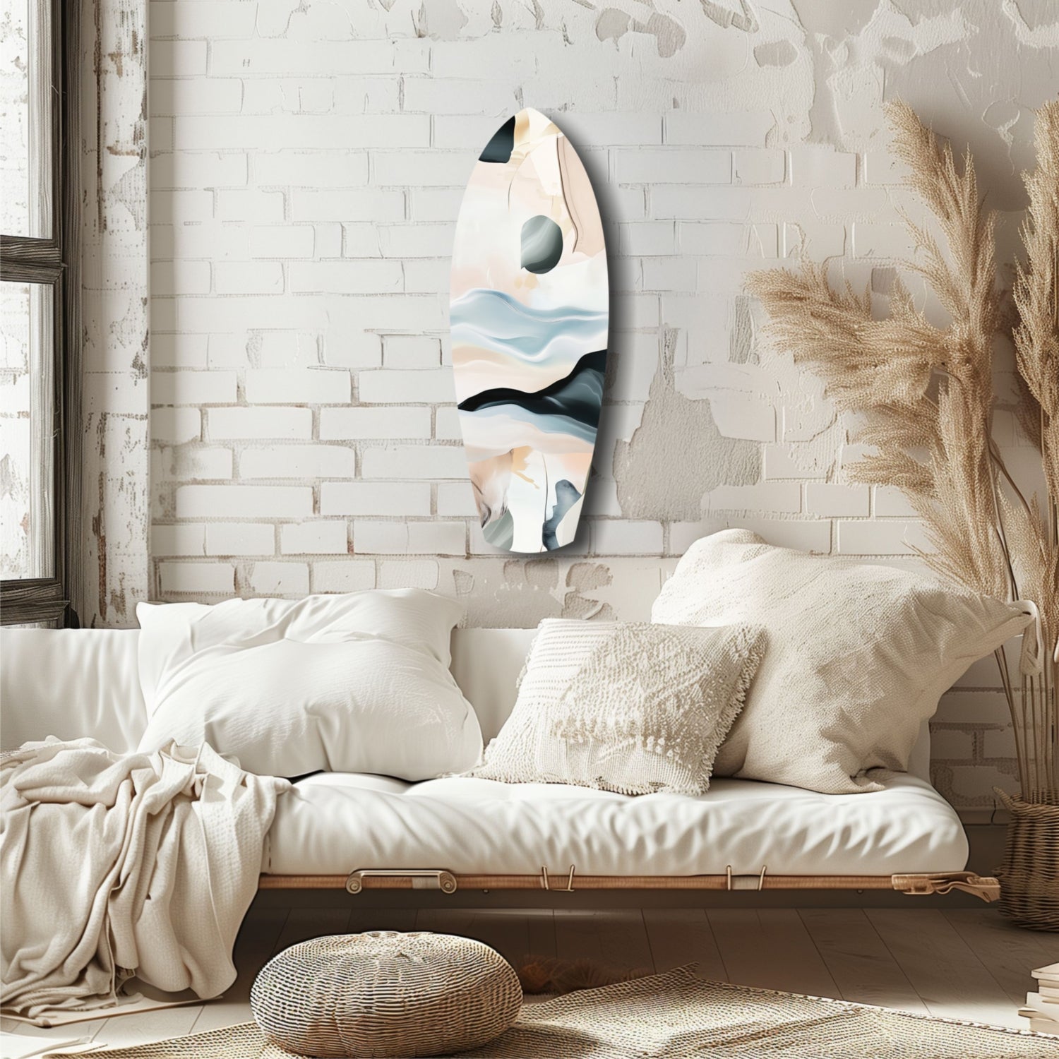Abstract sailing glass wall art with layered blue, black, and cream tones displayed above a cream bedroom sofa.