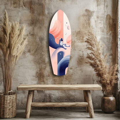 Creamy Dreams Glass Wall Art displayed on textured wall above wooden bench, featuring astronaut and planets in coral, navy, and cream tones.