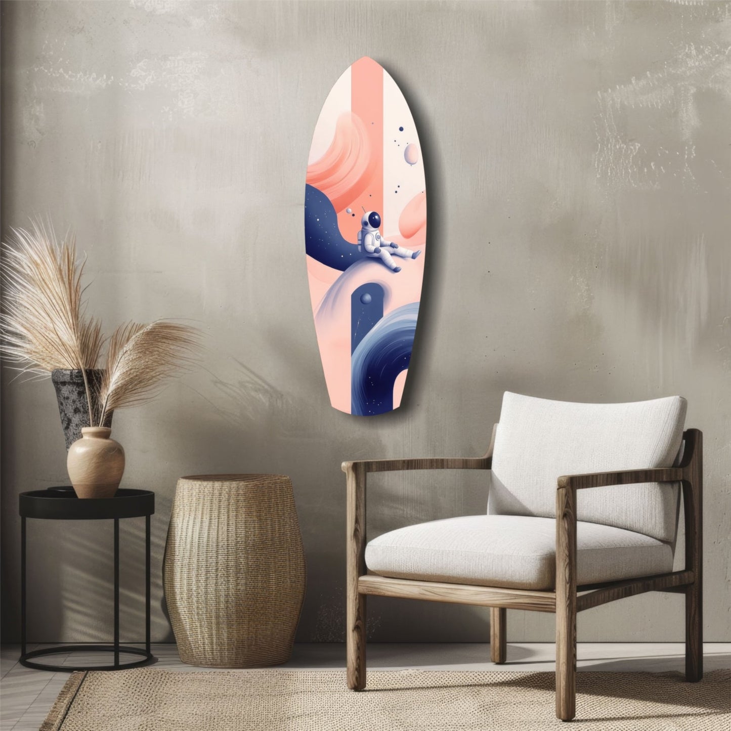 Creamy Dreams Glass Wall Art displayed on gray wall above wooden chair, showing astronaut illustration in peach, navy, and white tones.