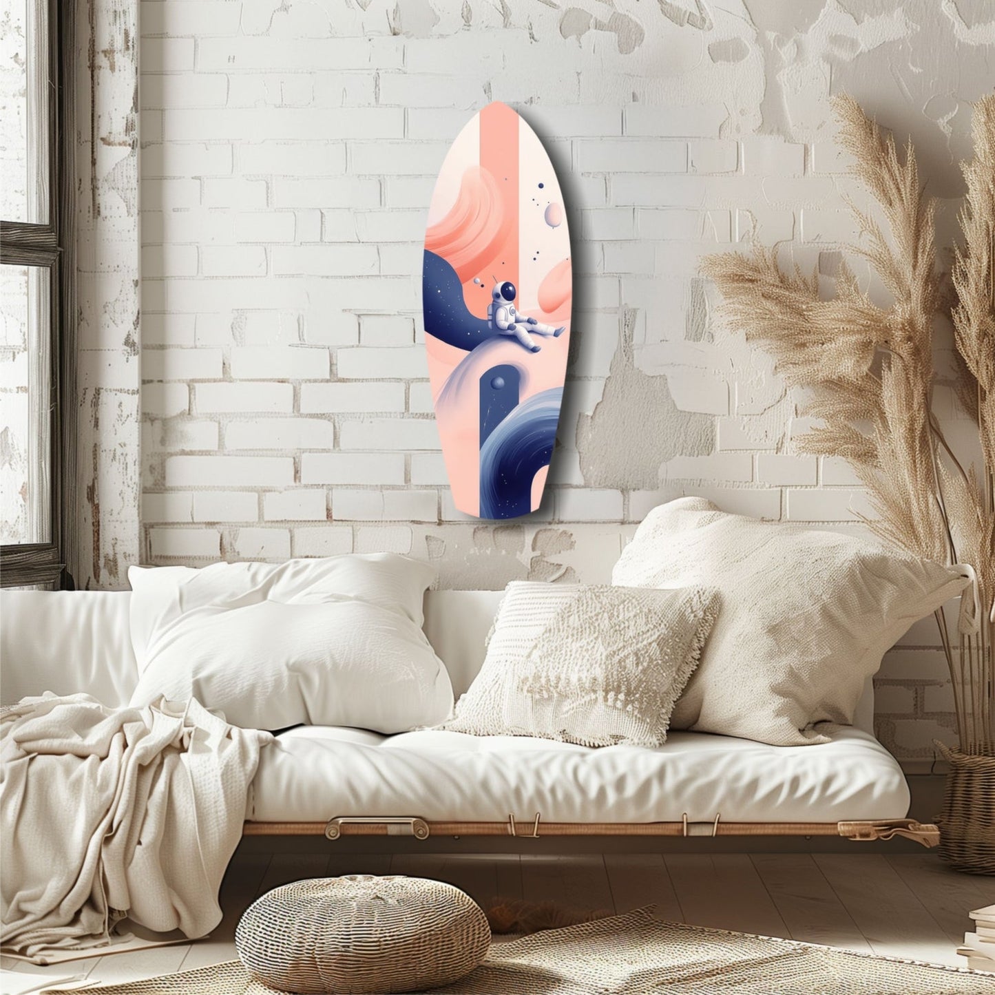 Creamy Dreams Glass Wall Art hung above a bed in a minimalist bedroom, displaying coral and navy abstract swirling design.