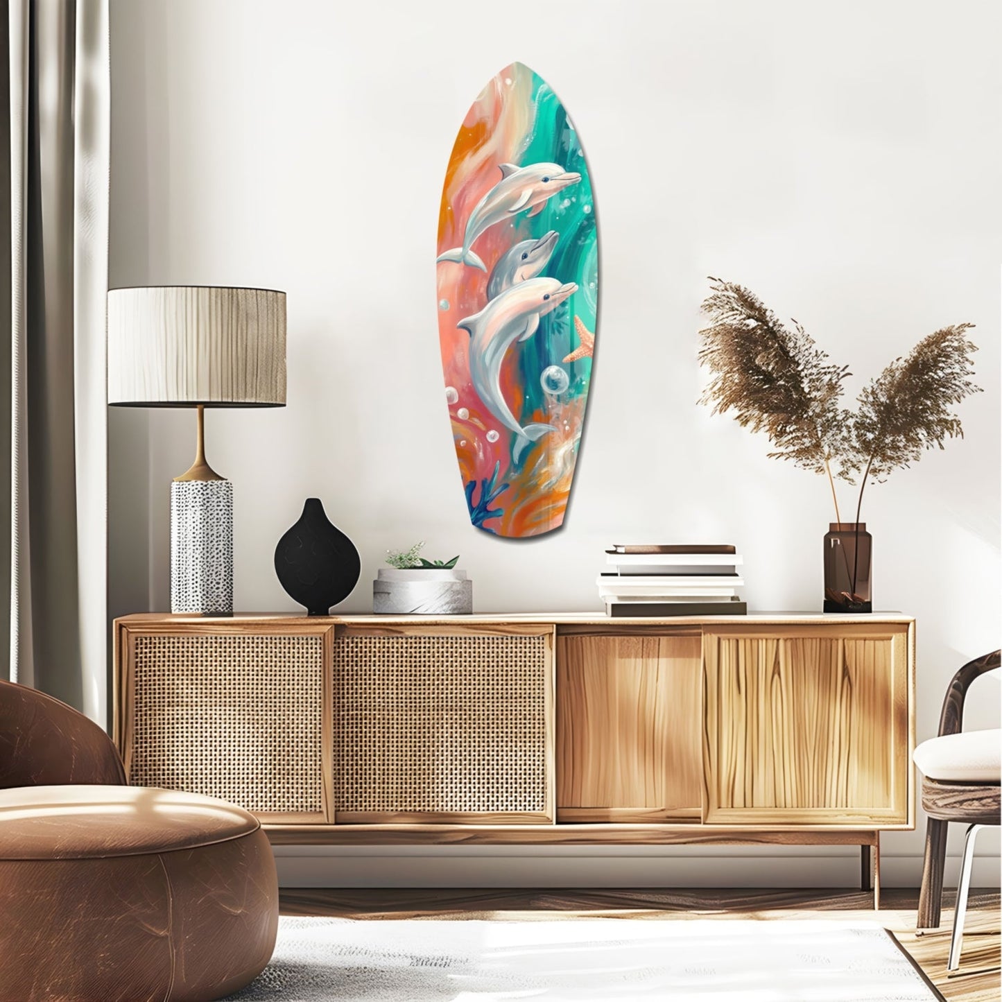 Colorful dolphin glass wall art featuring three dolphins in orange, teal, and coral tones displayed above wooden credenza in modern interior.