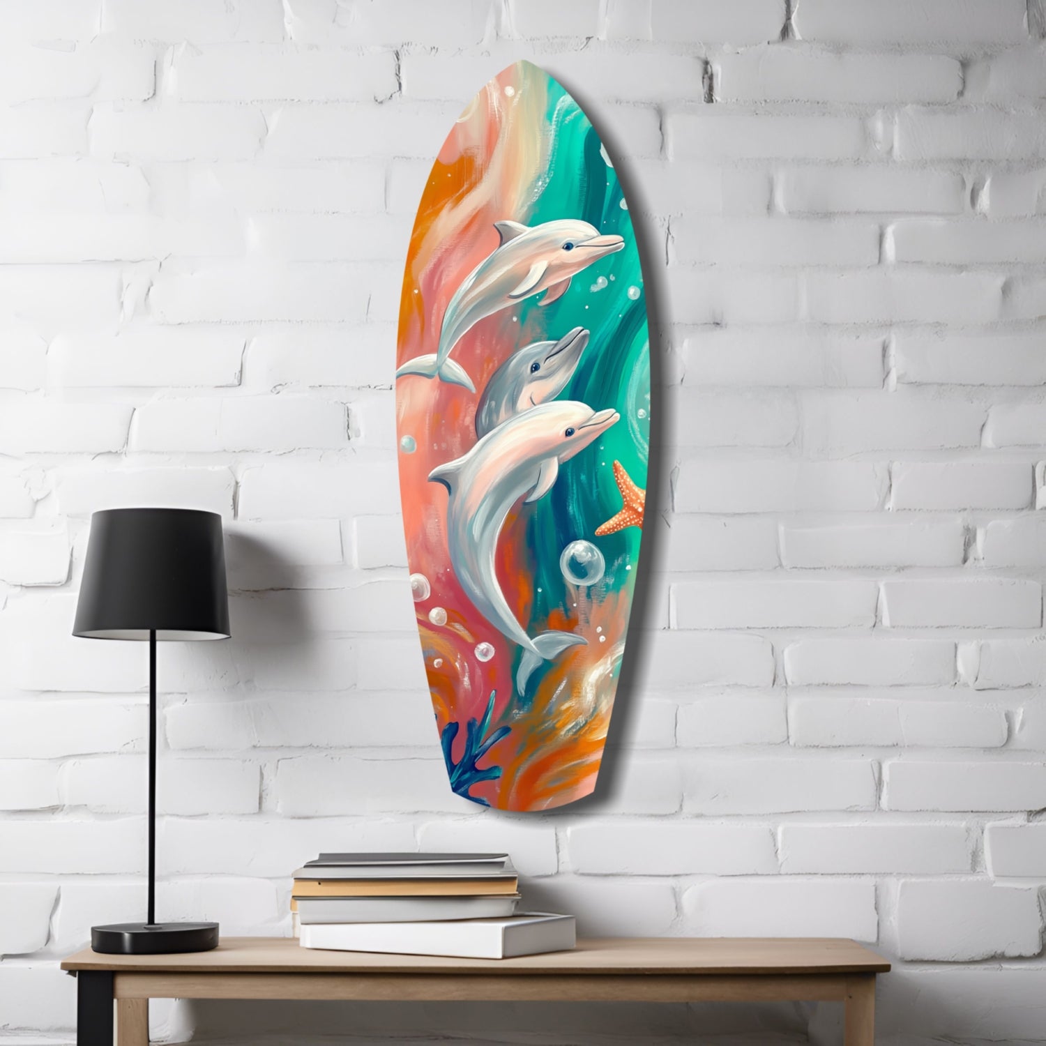 Colorful glass surfboard wall art featuring three dolphins against vibrant orange, teal, and coral gradient background, displayed on white brick wall.