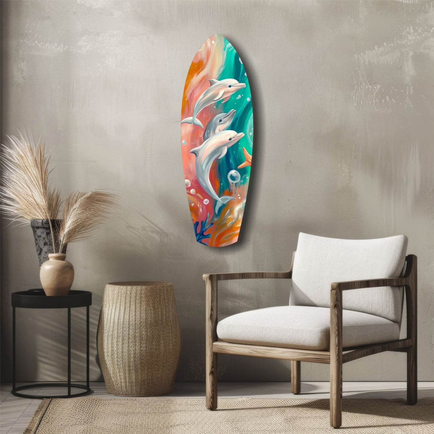 Colorful glass surfboard wall art depicting three dolphins leaping through turquoise and coral ocean waves, displayed in a modern living room setting.