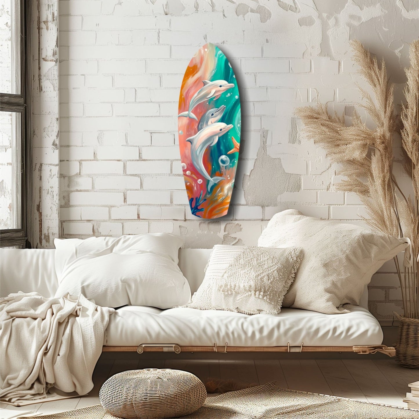 Colorful glass surfboard wall art featuring three dolphins against red, teal, and orange background, displayed above a cream bedside bench in a minimalist bedroom.