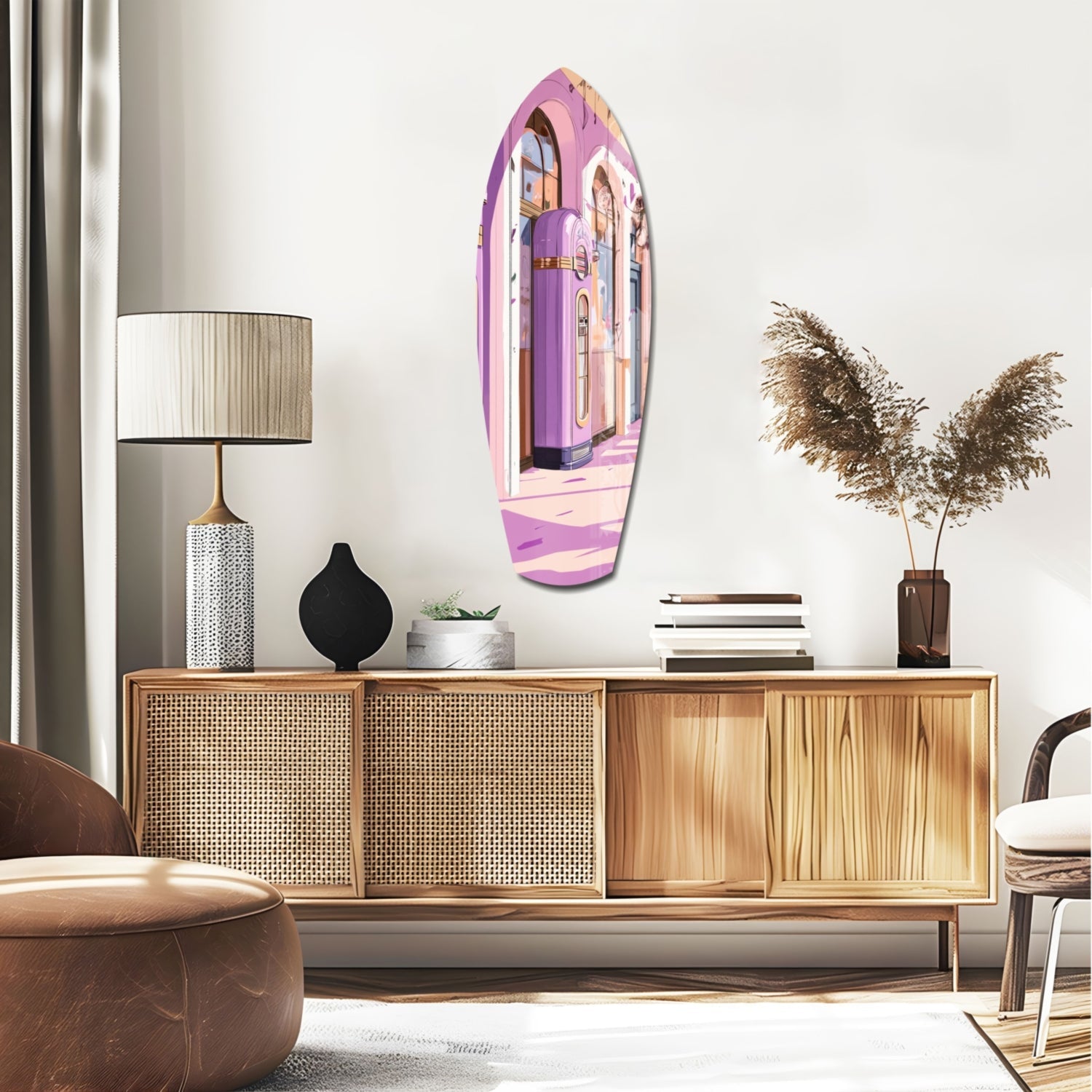 Pink and purple Vintage Melody Box glass wall art displayed above wooden mid-century credenza in contemporary interior setting.
