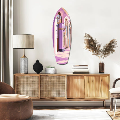 Pink and purple Vintage Melody Box glass wall art displayed above wooden mid-century credenza in contemporary interior setting.