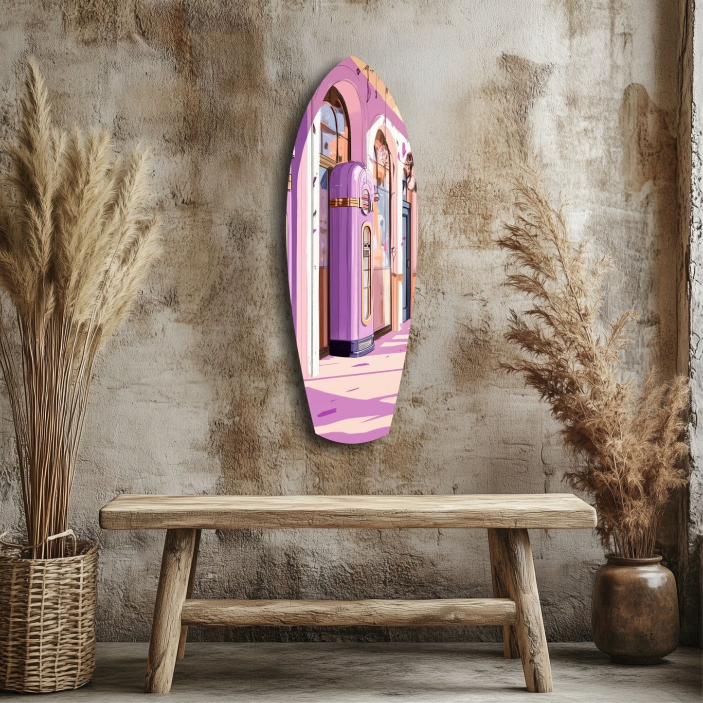 Purple and pink arched glass wall art depicting a retro jukebox interior, mounted above a wooden bench in a rustic room setting.