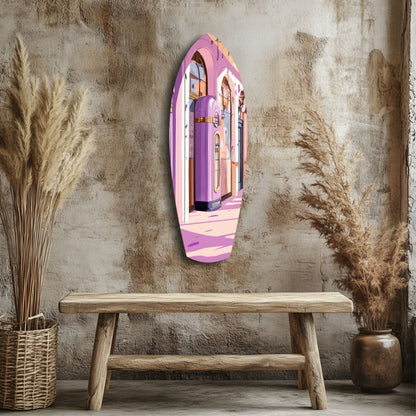 Purple and pink arched glass wall art depicting a retro jukebox interior, mounted above a wooden bench in a rustic room setting.