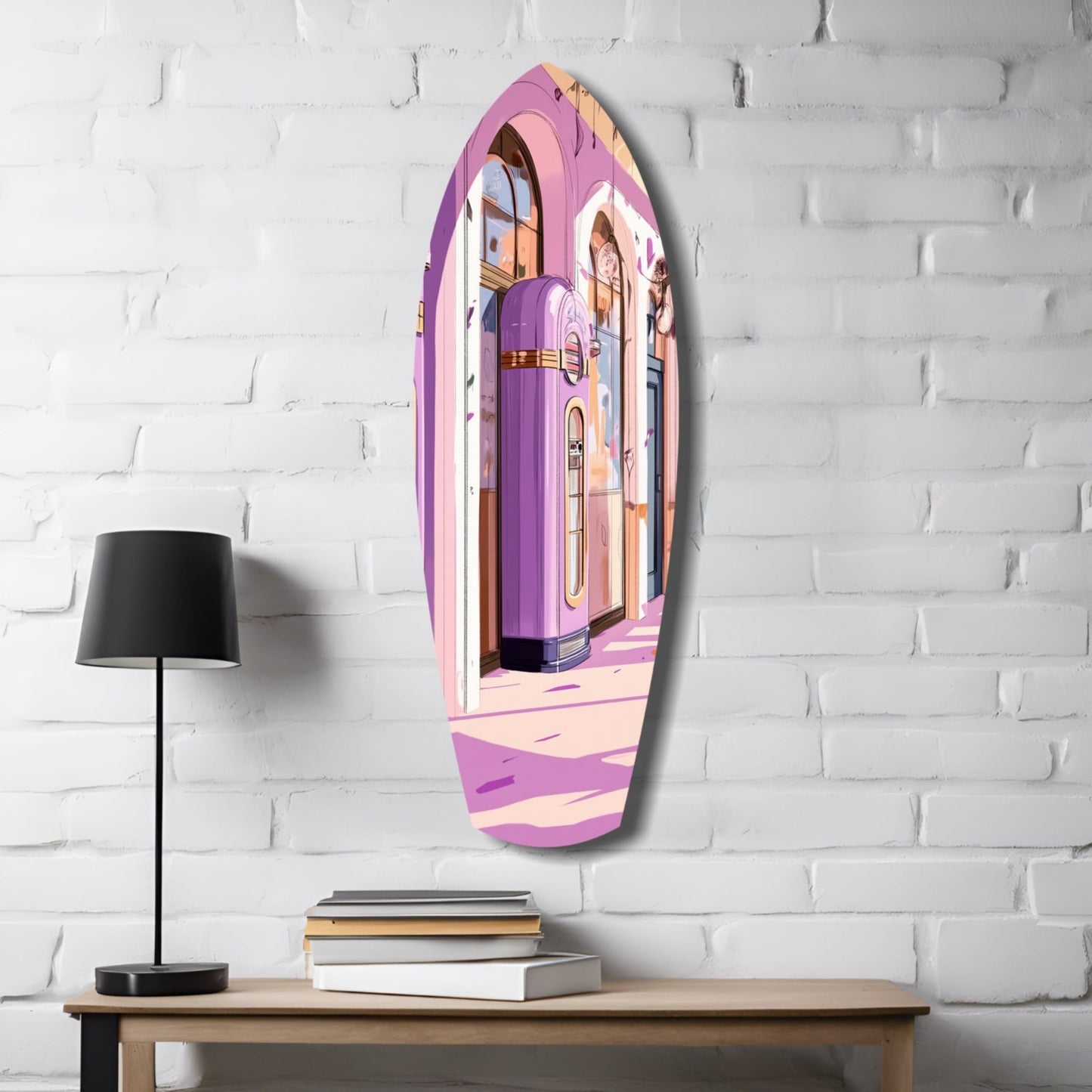 Vintage Melody Box Glass Wall Art in purple and pink tones hung on white brick wall above wooden desk with lamp and books.