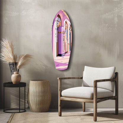 Pink and purple glass wall art depicting an ornate archway interior, displayed above a wooden chair in a modern living room setting.