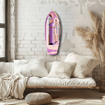 Purple and pink arched glass wall art depicting a stylized doorway, displayed above a cream-upholstered daybed in a minimalist bedroom.