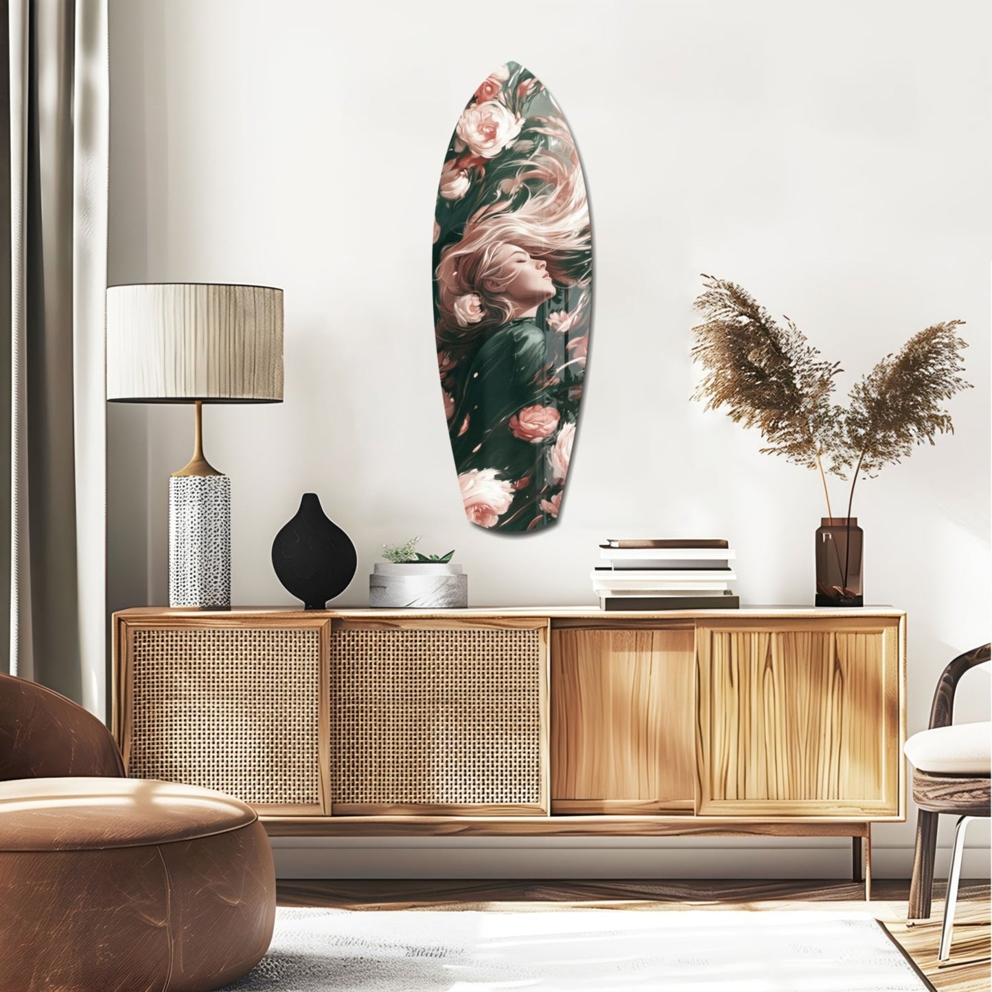 Blooming Breeze glass wall art displayed above a wooden credenza in a contemporary living room setting with botanical decor.
