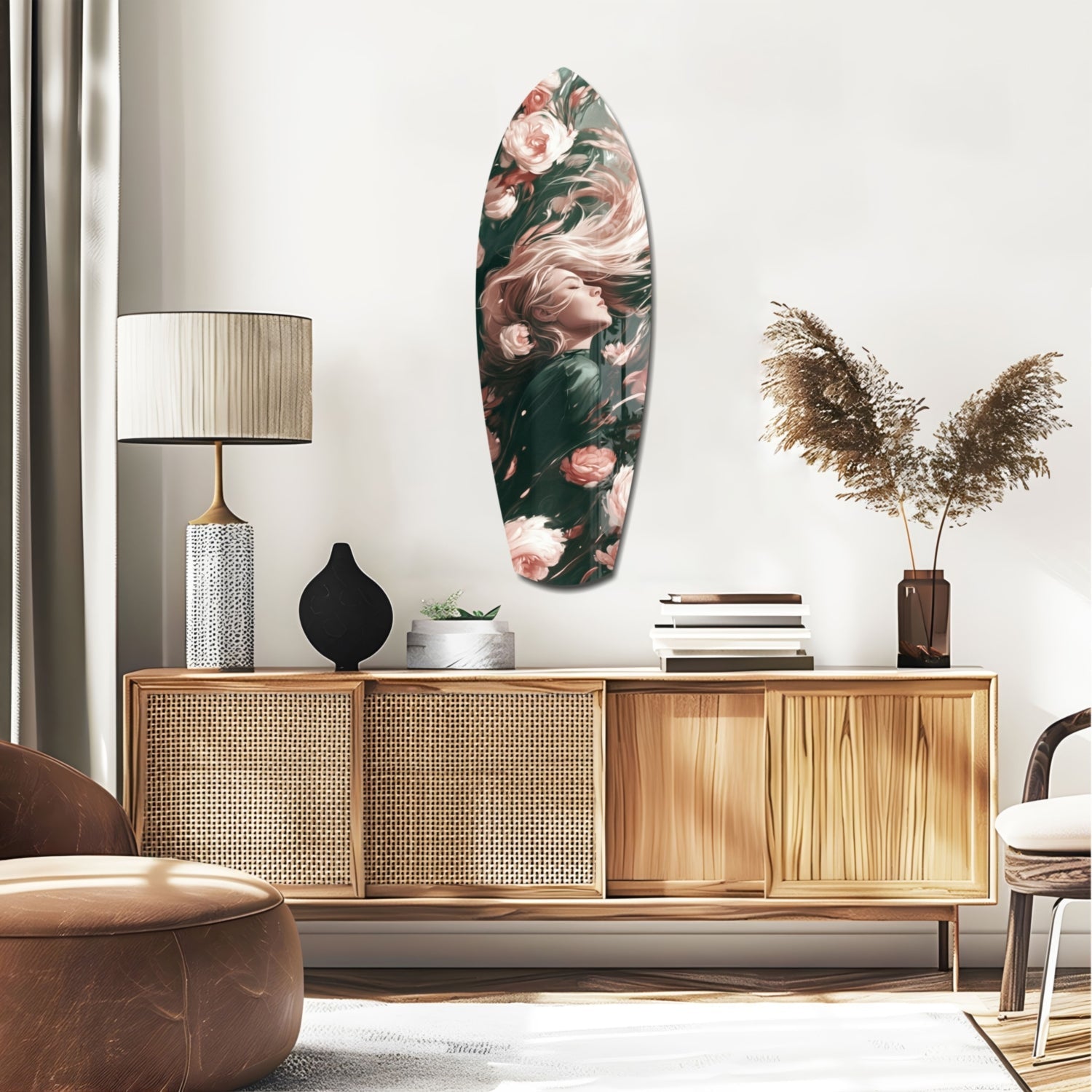 Blooming Breeze glass wall art displayed above a wooden credenza in a contemporary living room setting with botanical decor.