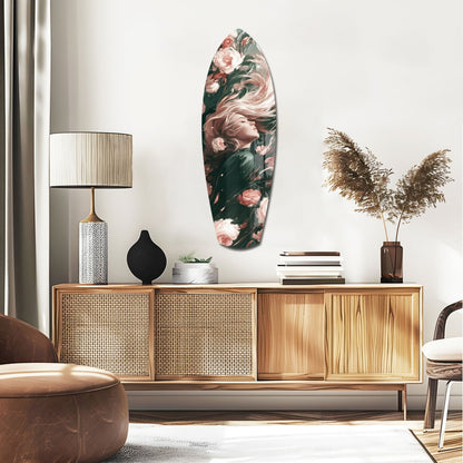 Blooming Breeze glass wall art displayed above a wooden credenza in a contemporary living room setting with botanical decor.