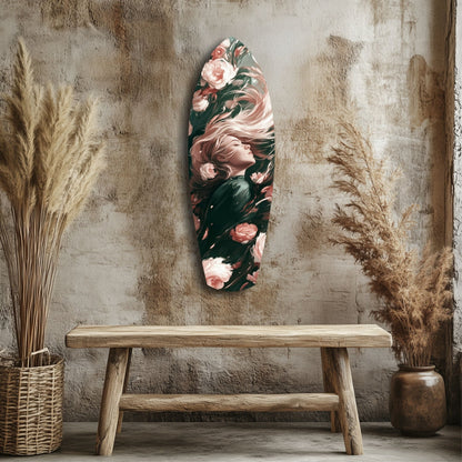 Blooming Breeze glass wall art with pink roses and woman's profile displayed above wooden bench in rustic interior setting.