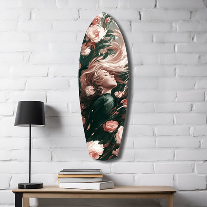 Oval glass wall art featuring a woman's profile surrounded by pink and red roses on dark green background, displayed above wooden table with lamp and books.