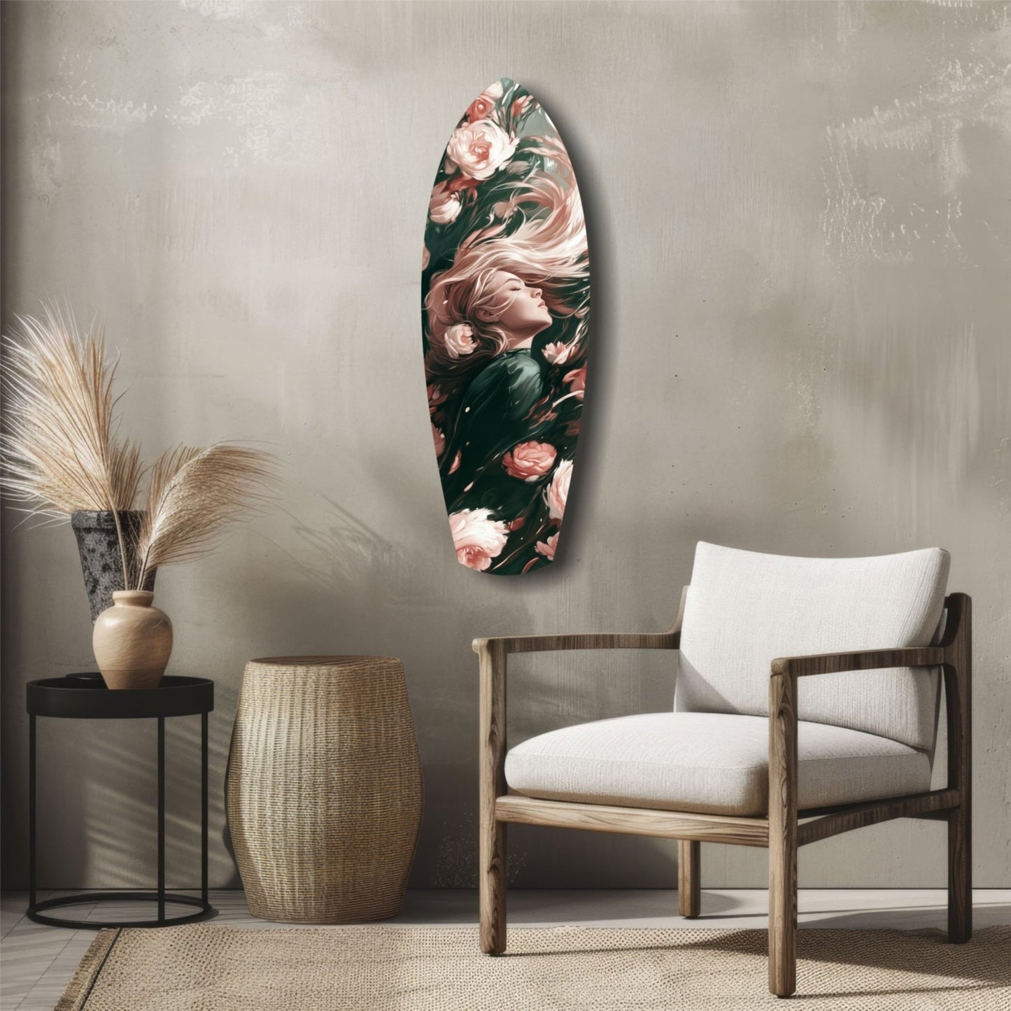 Blooming Breeze glass wall art displayed vertically above a wooden chair, featuring a woman's profile surrounded by pink roses on dark green background.