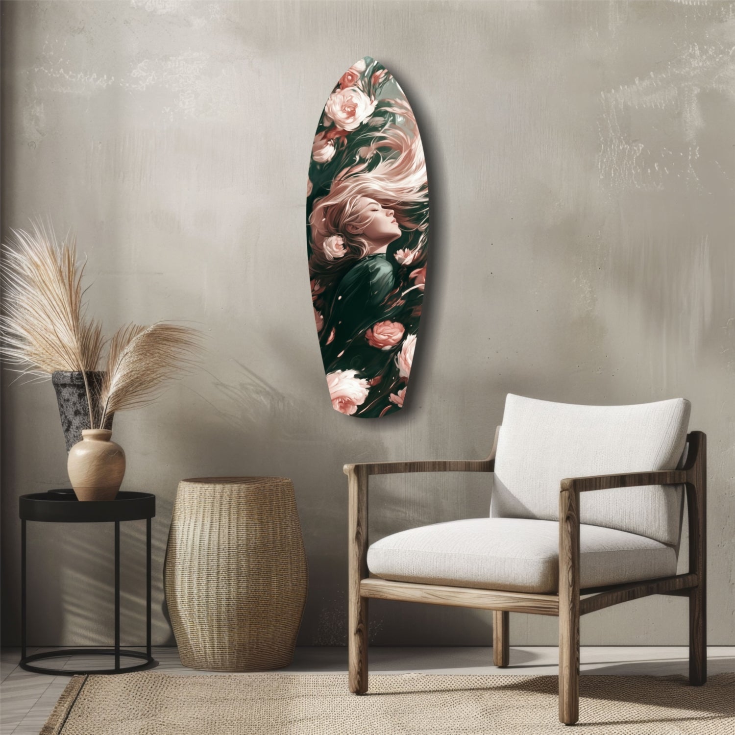 Blooming Breeze glass wall art displayed vertically above a wooden chair, featuring a woman's profile surrounded by pink roses on dark green background.