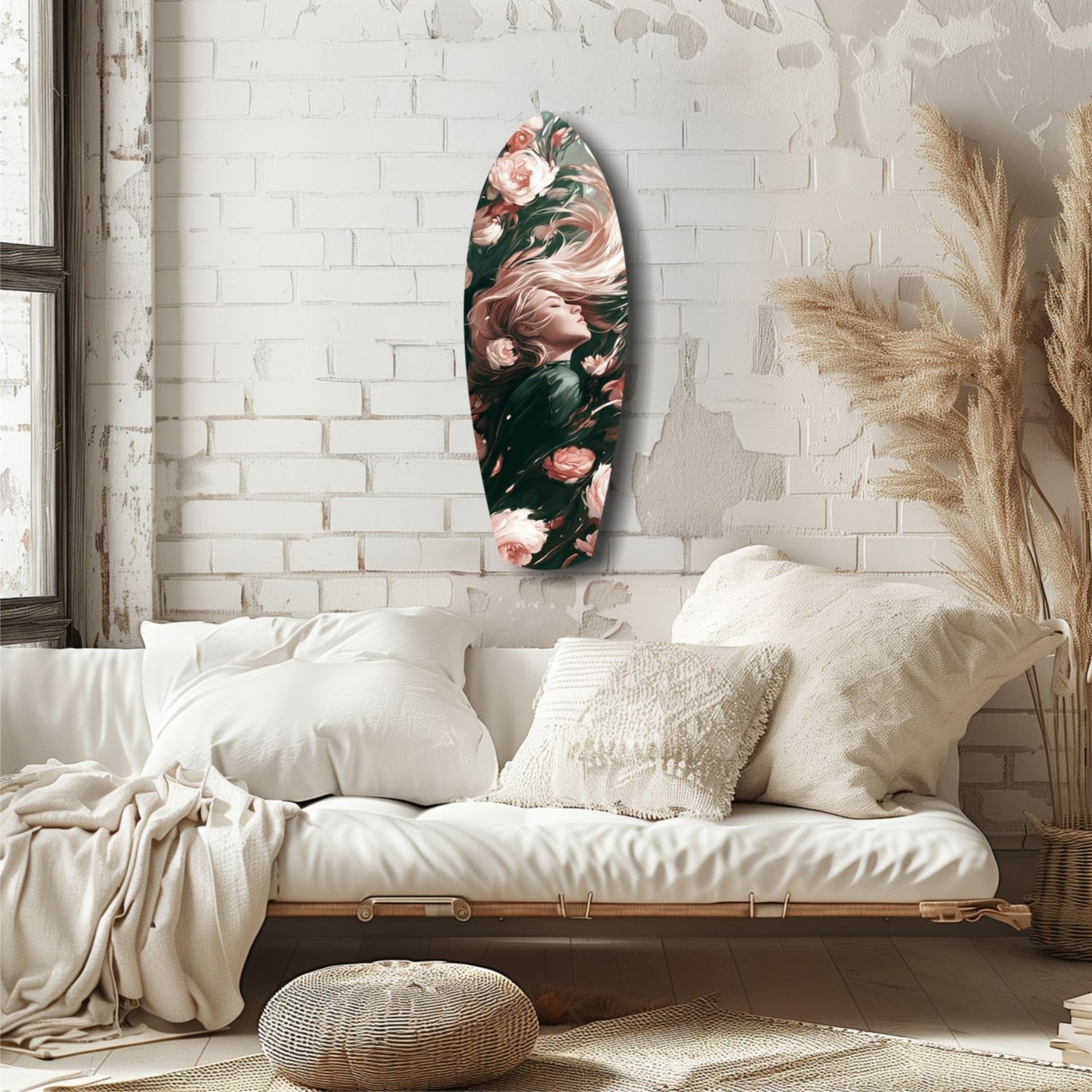 Blooming Breeze glass wall art with floral portrait and dark foliage displayed above a cream upholstered daybed in minimalist bedroom setting.