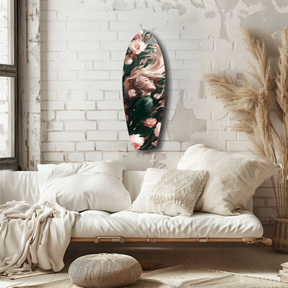 Blooming Breeze glass wall art with floral portrait and dark foliage displayed above a cream upholstered daybed in minimalist bedroom setting.