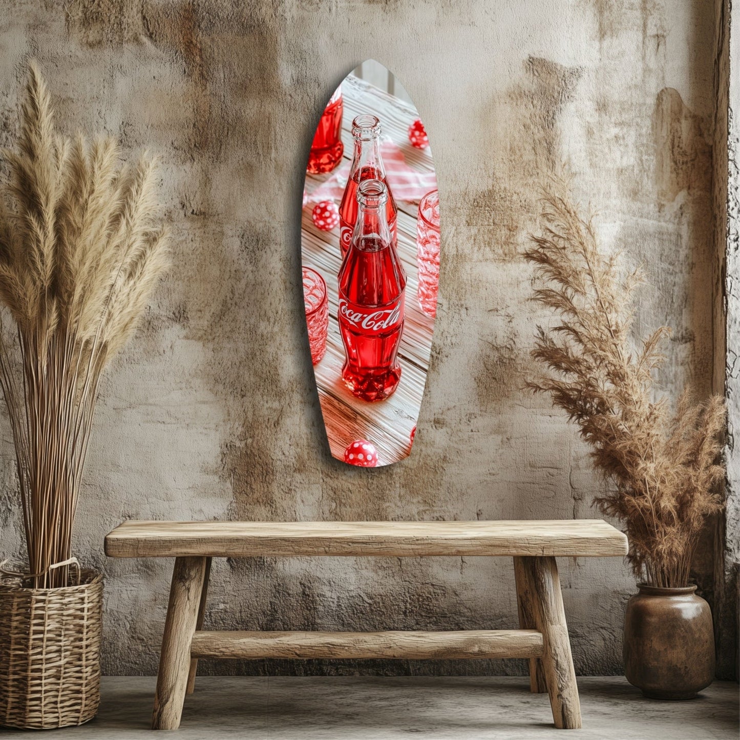 Vintage Coca-Cola bottle glass wall art displayed above wooden bench against textured concrete wall with dried grasses.
