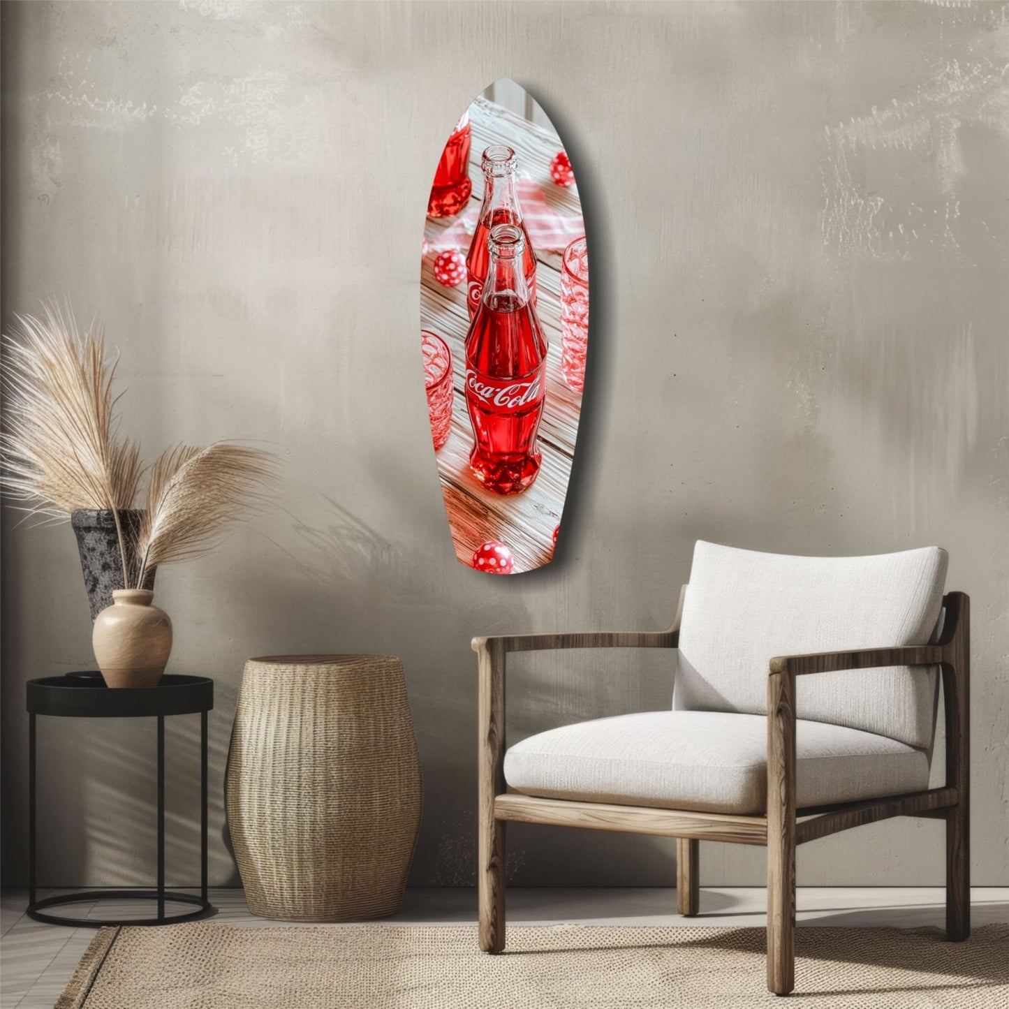 Vintage Coca-Cola glass wall art hung above wooden chair in minimalist room setting with decorative vase and side table.