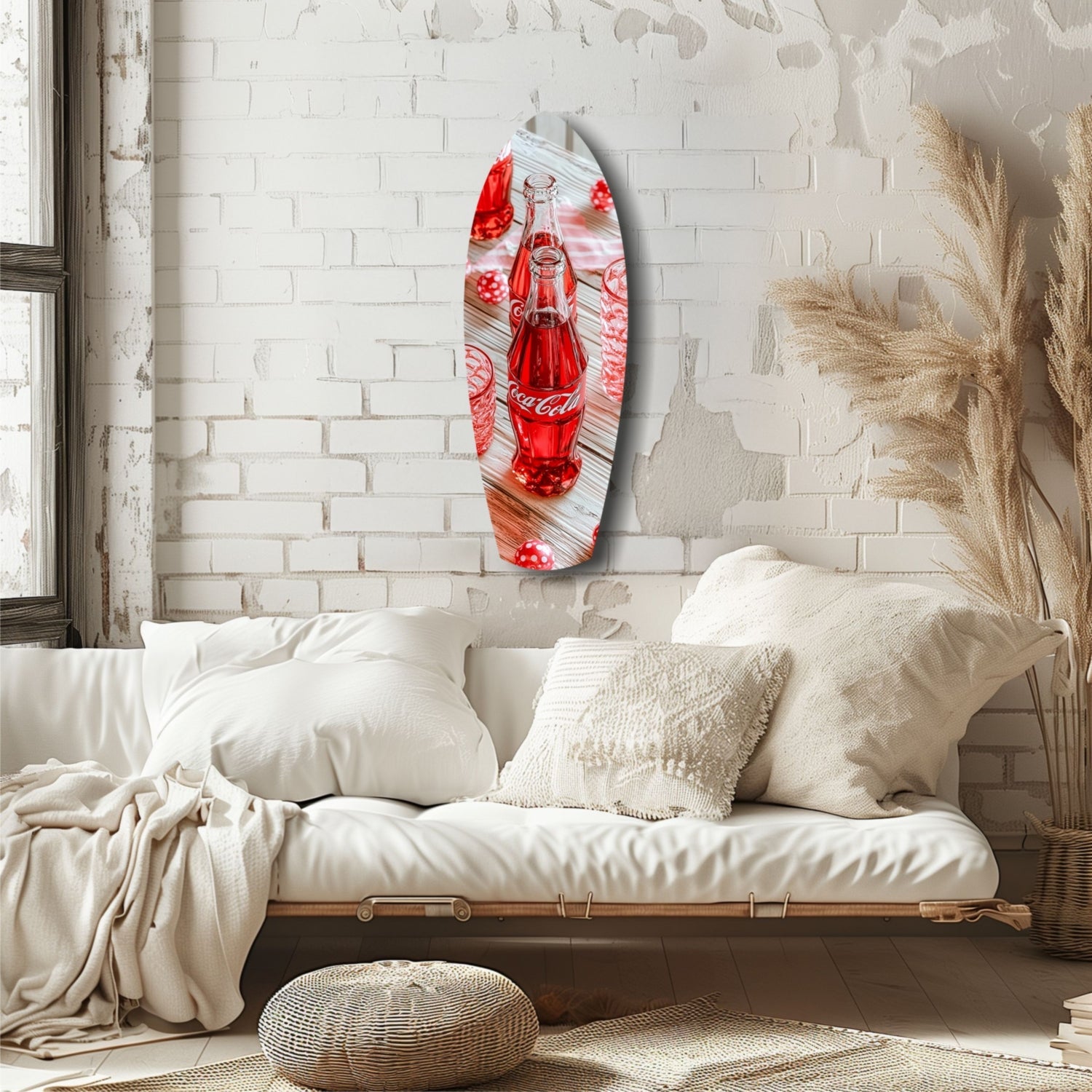 Vintage Coca-Cola bottle glass wall art hanging above a cream-colored couch in a minimalist bedroom setting.