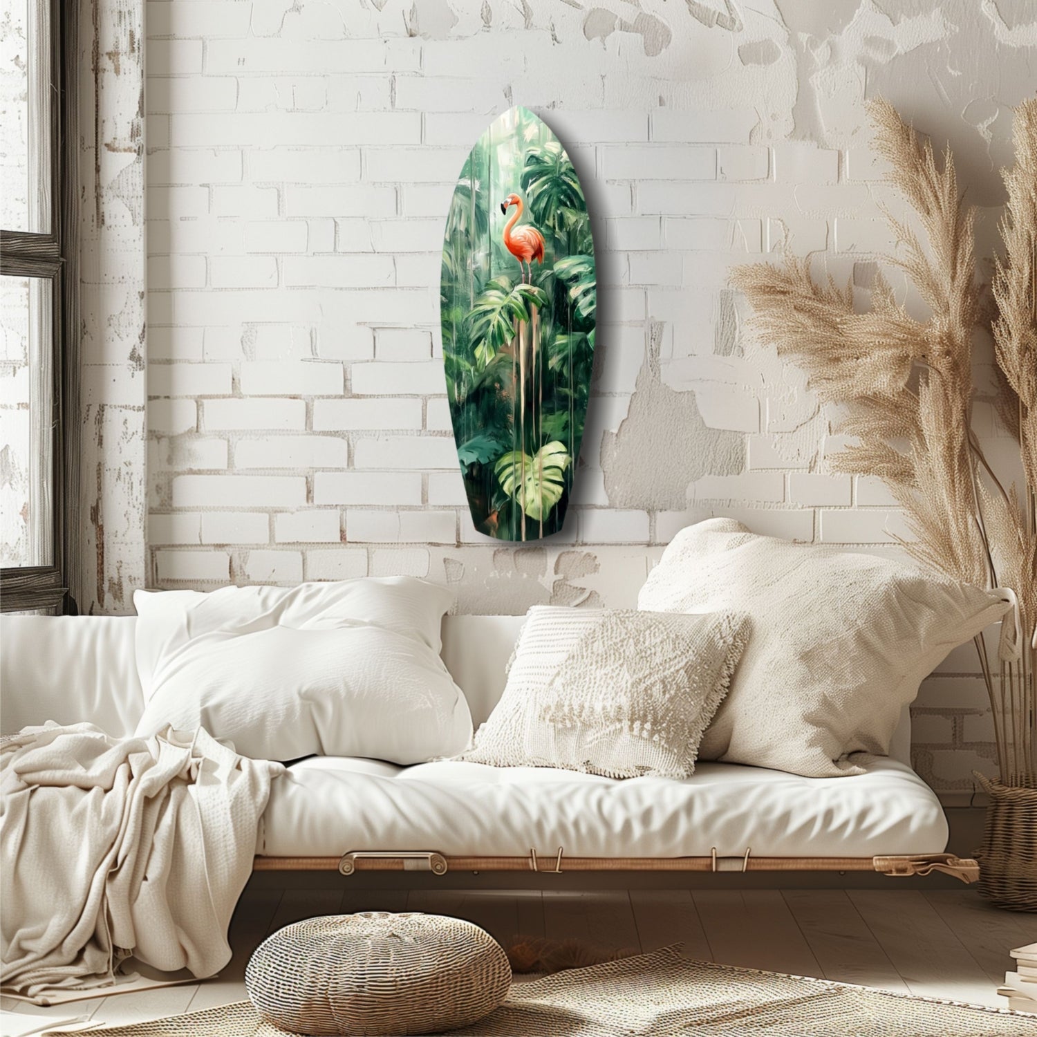 Oval glass wall art depicting a red flamingo surrounded by green tropical foliage, displayed on white brick wall above a cream upholstered daybed.