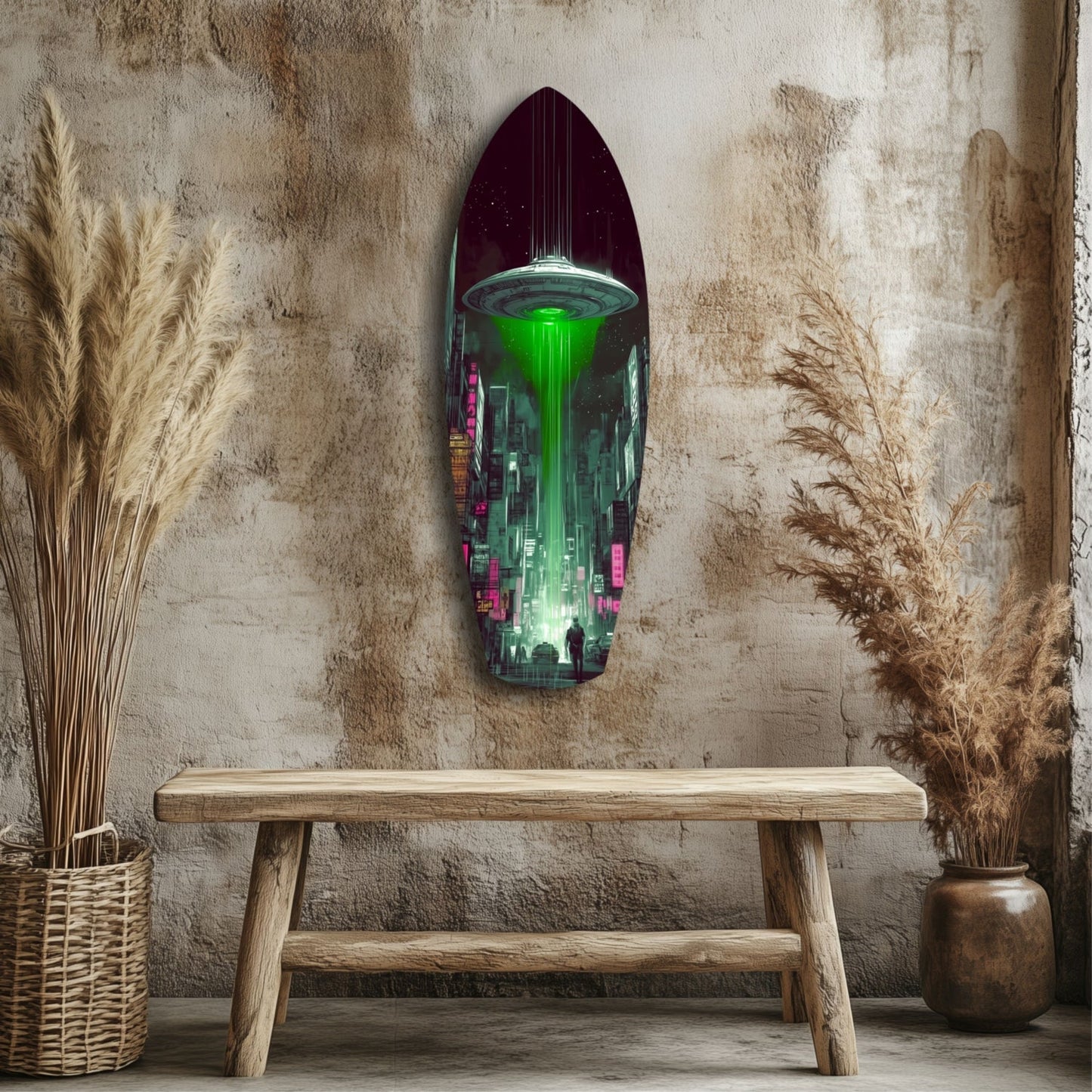 Green Beam UFO Over Neon City Glass Wall Art