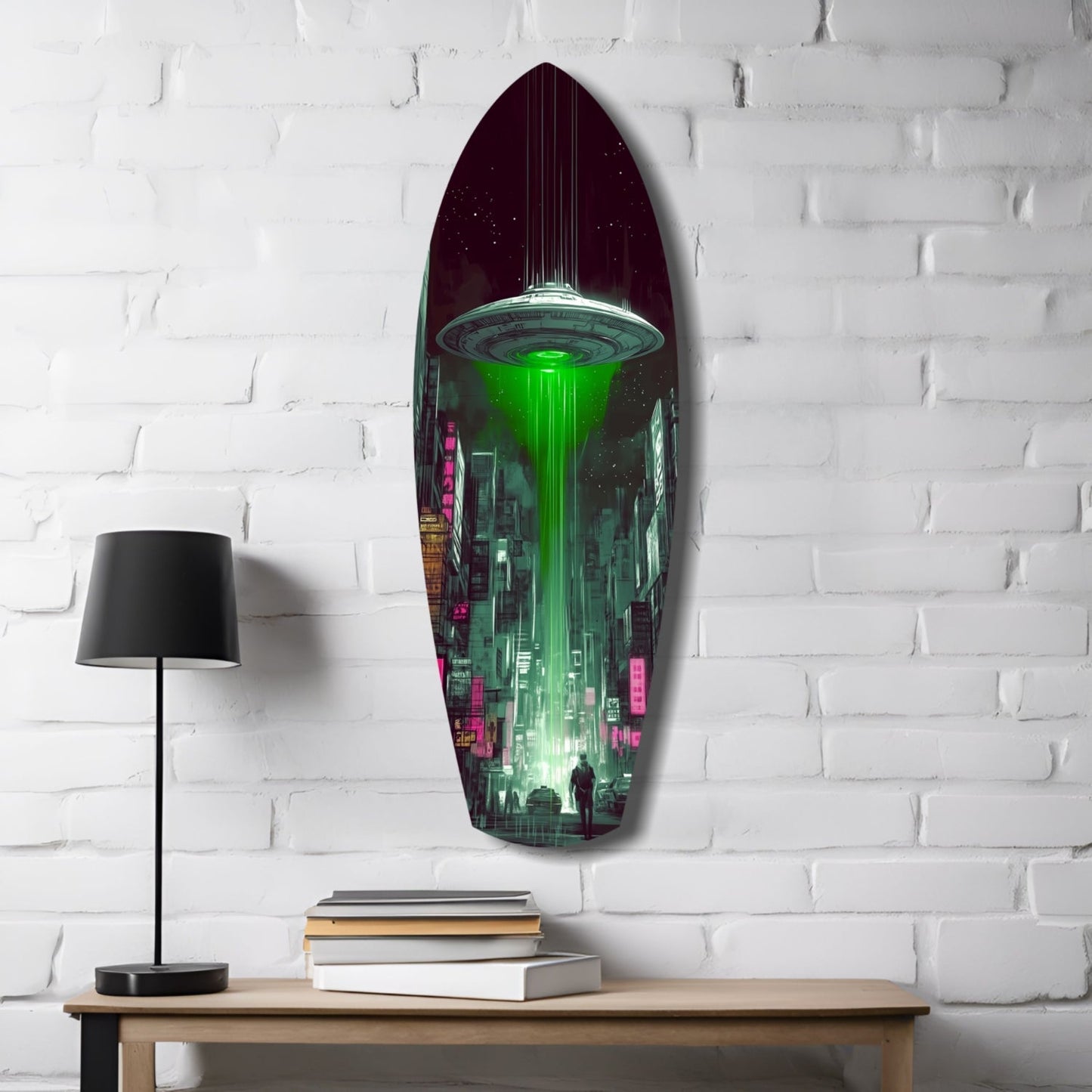 Green Beam UFO Over Neon City Glass Wall Art