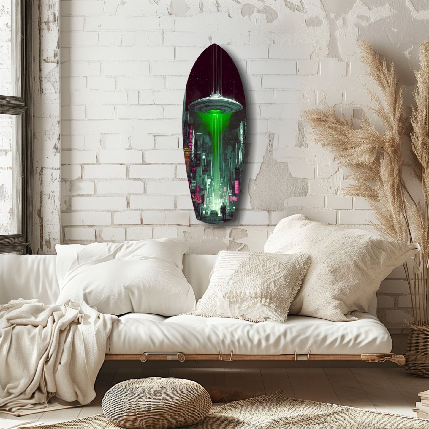 Green Beam UFO Over Neon City Glass Wall Art
