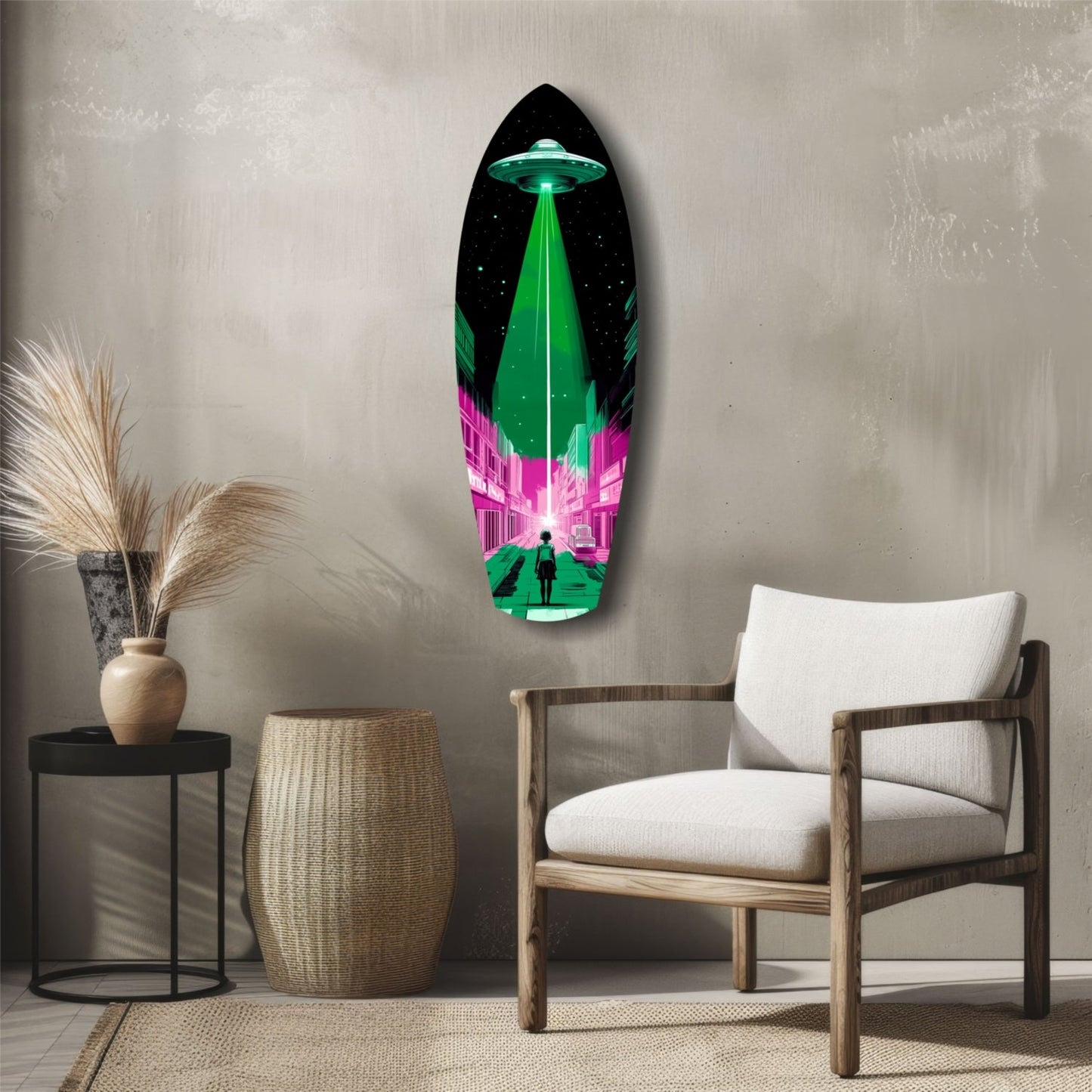 Pink and Green UFO Street Beam Glass Wall Art