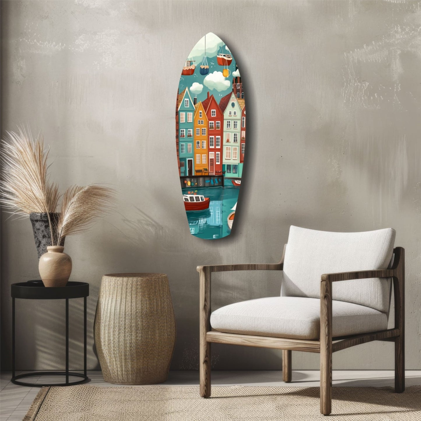 Oval glass wall art depicting colorful coastal buildings and boats hung above wooden chair in minimalist interior setting.