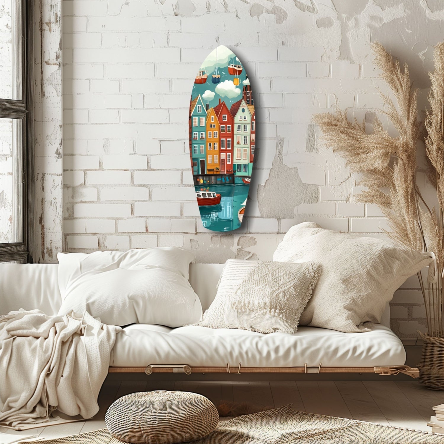 Oval glass wall art depicting colorful waterfront buildings and boats hung above a cream bedside bench in a minimalist bedroom with white brick walls.