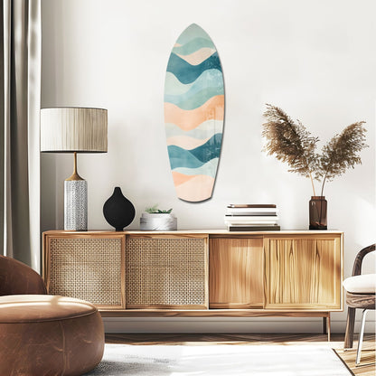 Colors of the Sea Glass Wall Art displayed above a wooden sideboard in a modern living room setting with decorative accessories.