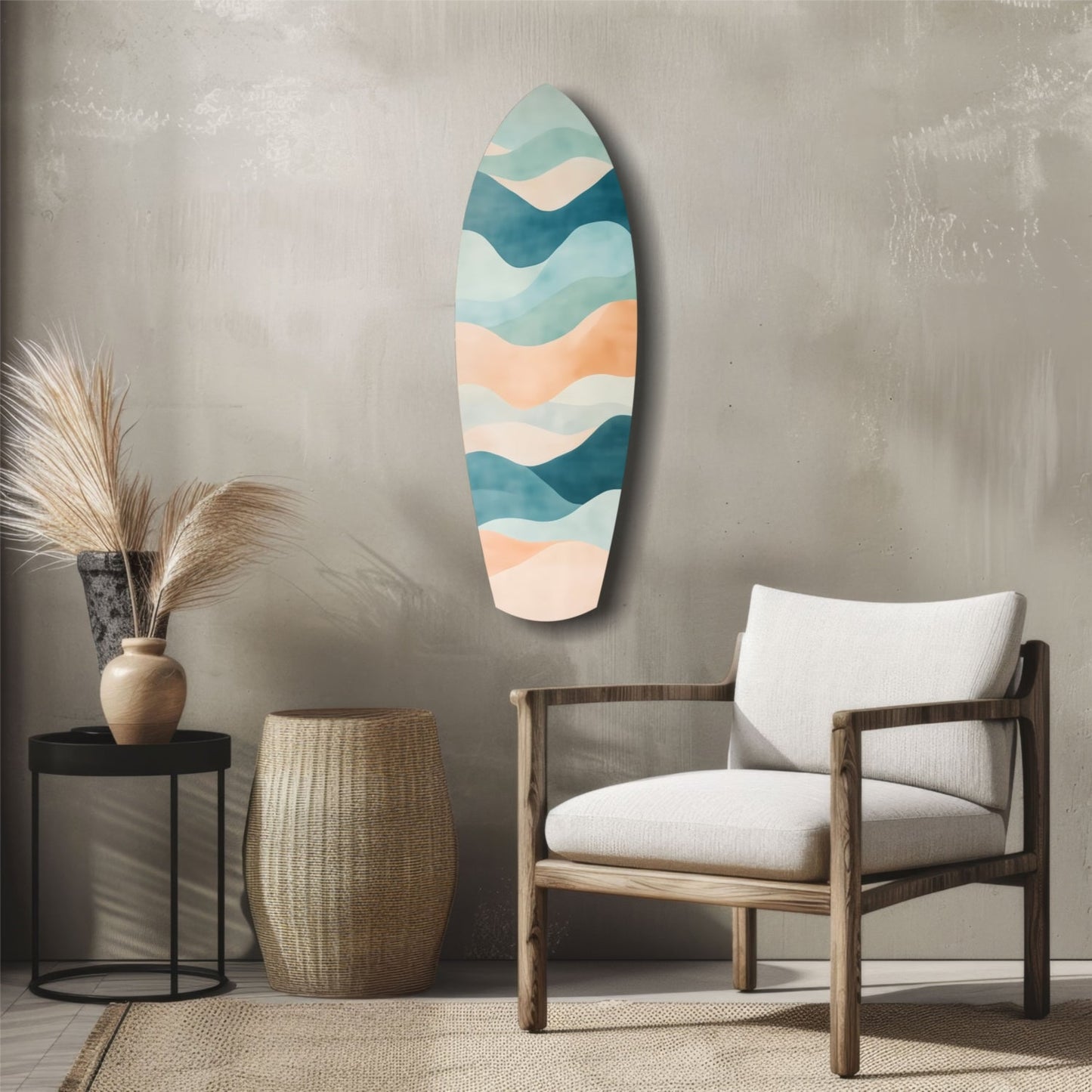 Surfboard-shaped wall art with layered waves in teal, cream, peach, and navy displayed above a wooden chair in a coastal-style room.