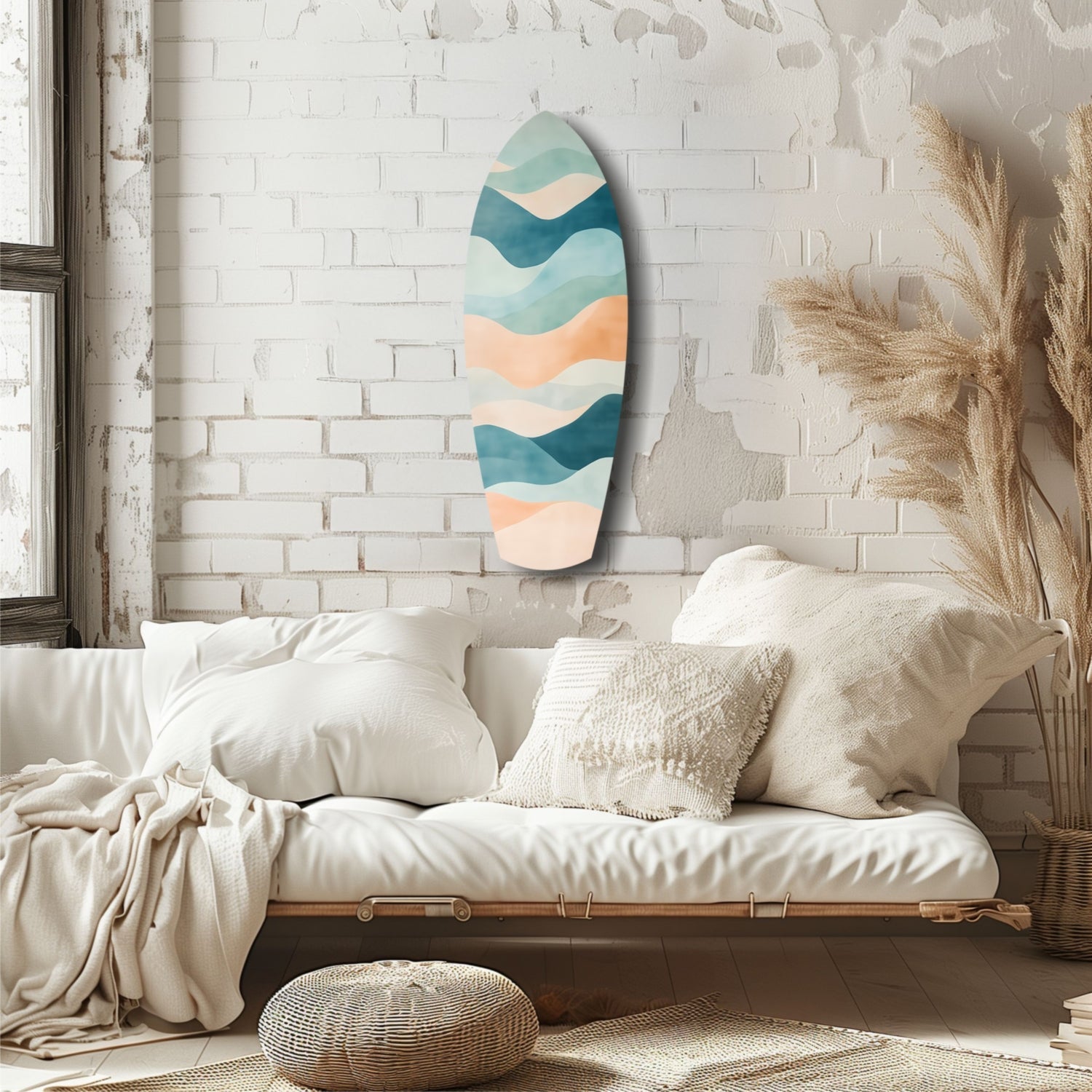 Surfboard-shaped wall art with layered wave design in teal, cream, peach, and blue tones displayed above a white bedding arrangement.