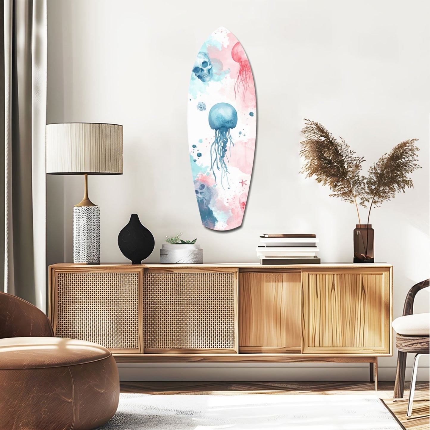 Pastel Jellyfish Skulls Surfboard Glass Wall Art