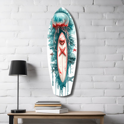 Teal Jellyfish Skull Surfboard Glass Wall Art