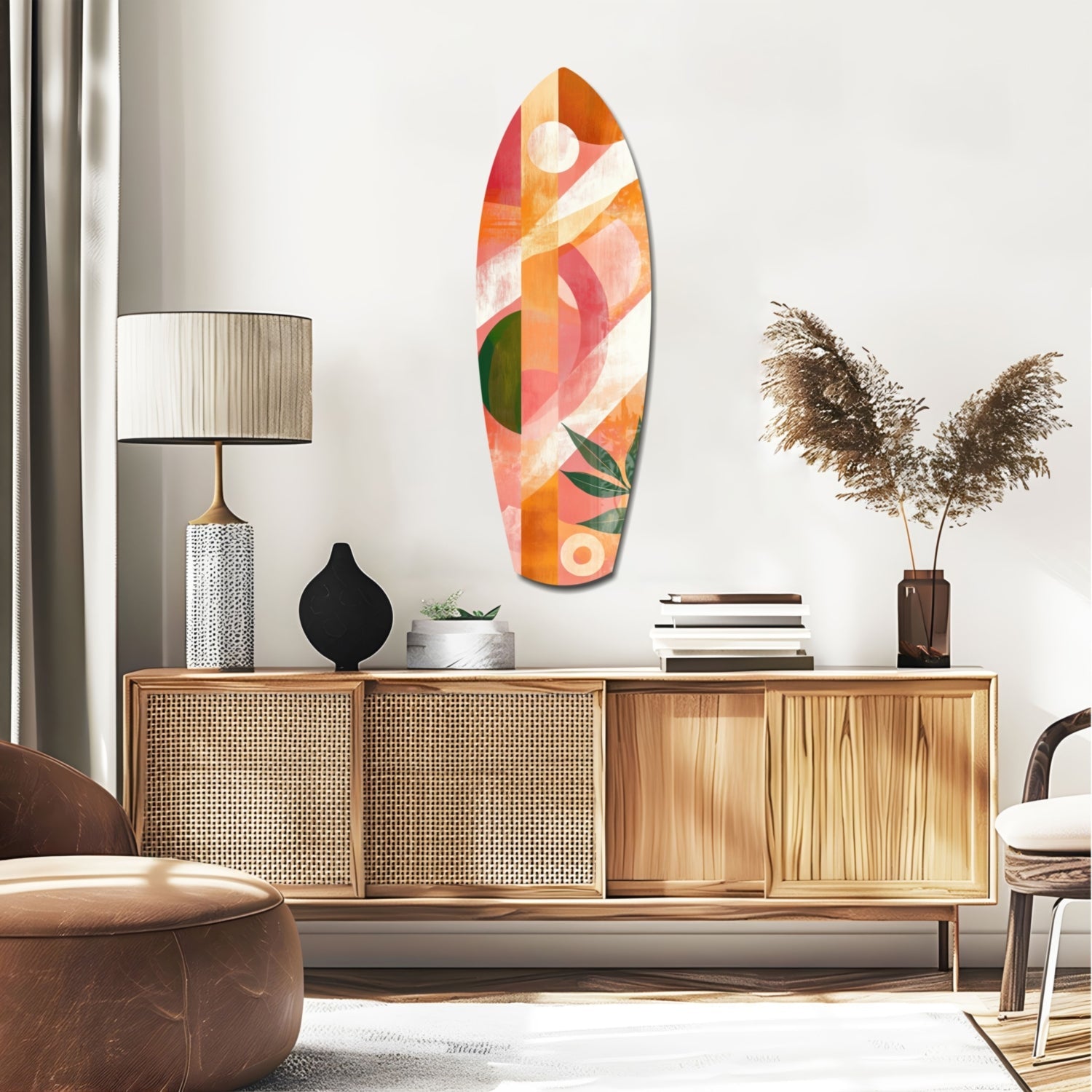 Colorful glass wall art with orange, red, pink, and green geometric shapes displayed above wooden mid-century credenza in modern living room.