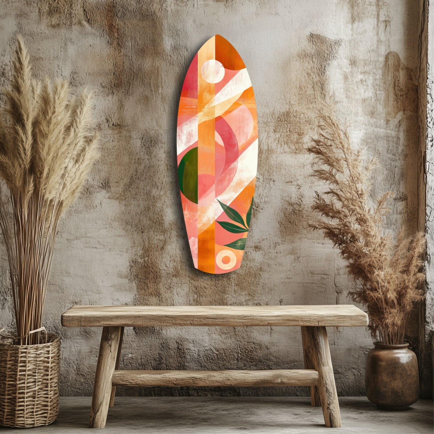 Colorful abstract glass wall art in orange, pink, coral, and green geometric patterns displayed above a wooden bench in a styled interior setting.