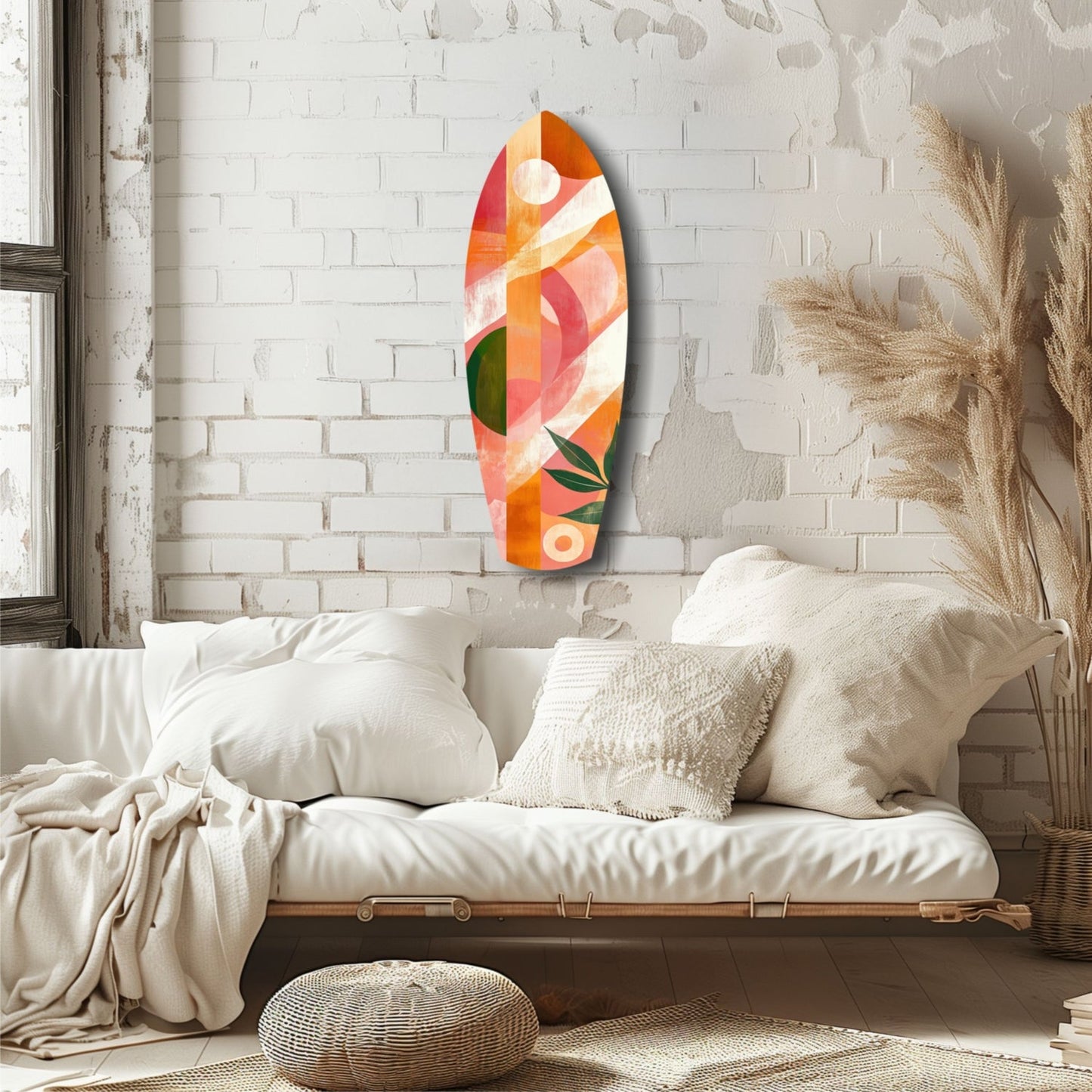 Colorful geometric glass wall art in orange, red, and green tones displayed above a minimalist cream bedside, mounted on white brick.